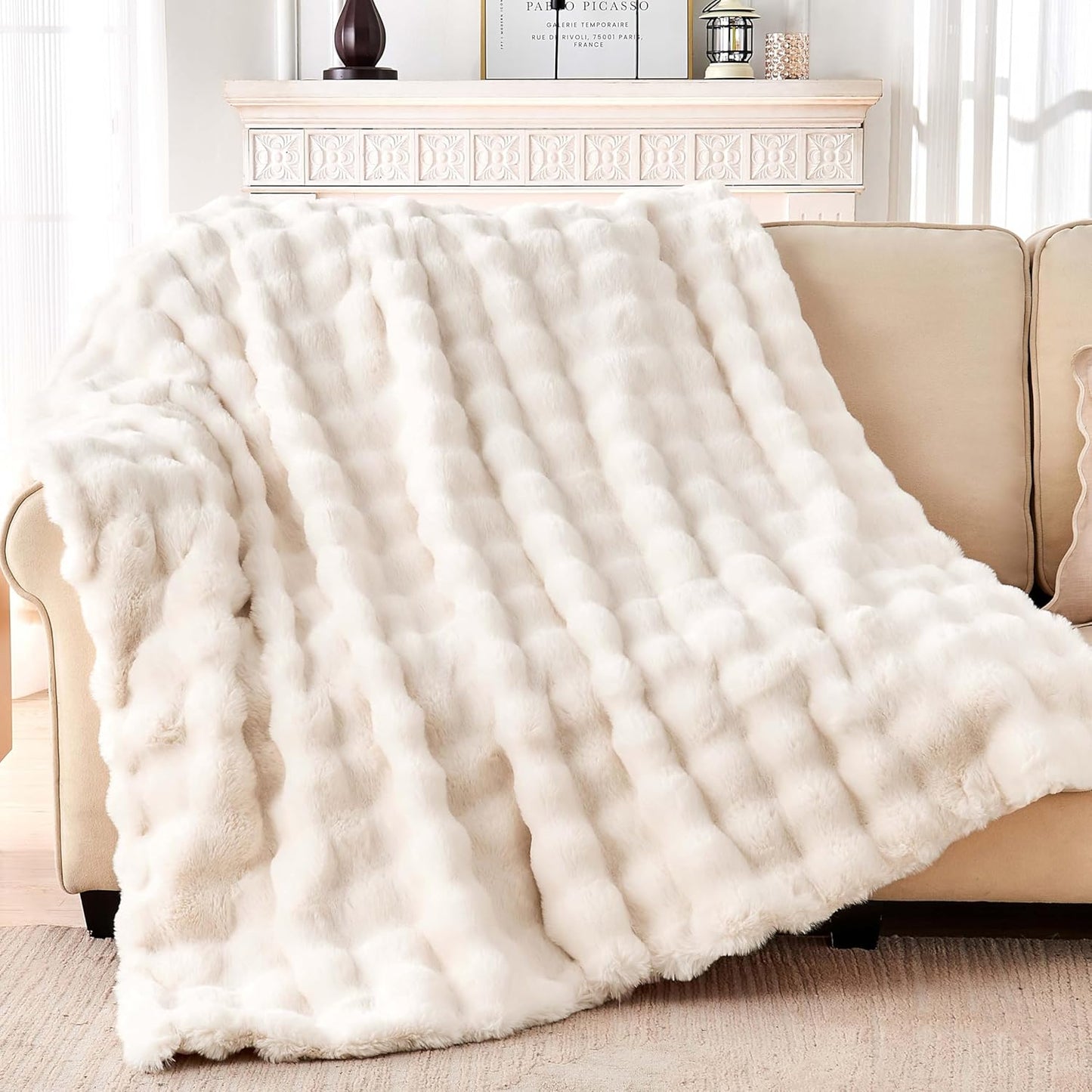 Luxury Faux Rabbit Fur Throw Blanket, Soft Bubble Fluffy Blanket Cozy Fuzzy Throw Blankets for Bed Sofa Couch, Decorative Thick Warm Plush Fuzzy Elegant Soft Mink Blanket (60" x 80",Cream White)
