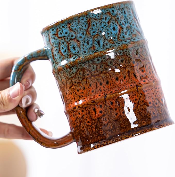 20 Oz Coffee Cups-Beer Mug, Large Ceramic Coffee Mugs, Handmade Pottery Mug, Tea Cups with Handle for Office and Home, Dishwasher and Microwave Safe (Blue & Orange)