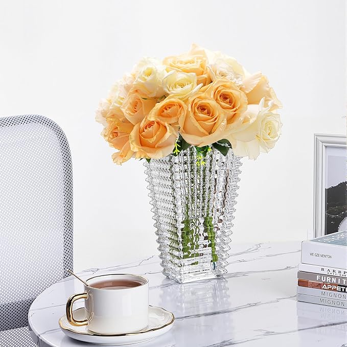 VECELO Crystal Glass Vase for Flowers, 11 Inch Clear Decorative Centerpiece Vase, Modern Square Textured Flower Vase for Dining Table, Wedding, Living Room, Office Decor
