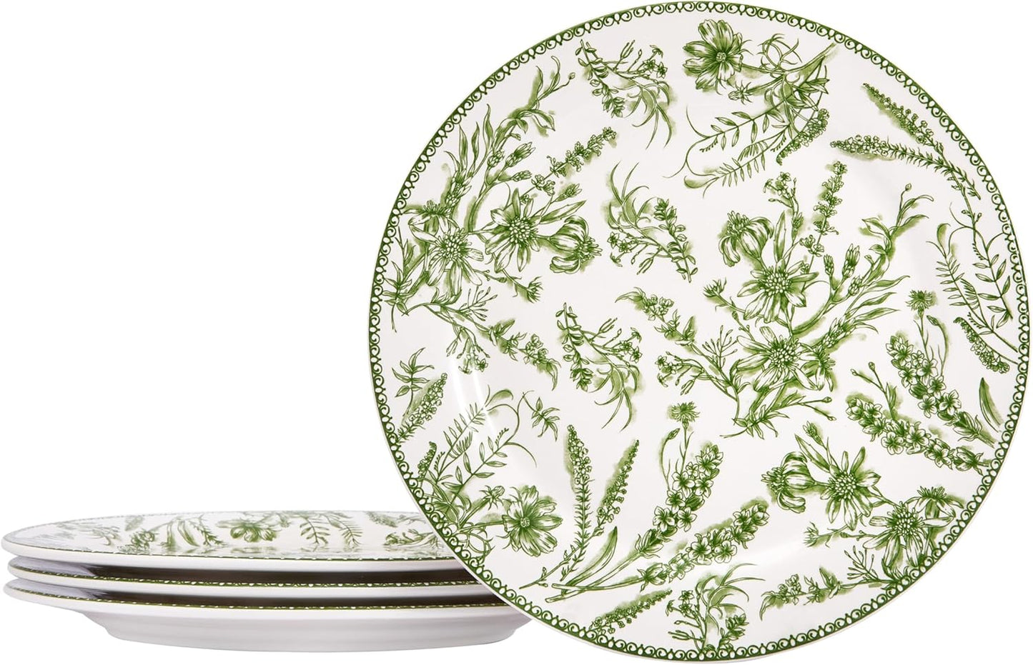 Bico Green Garden Toile De Jouy Salad Plates Set of 4, 8.75 Inch Ceramic Dessert Plates for Salad, Appetizer, Side Dishes, Microwave and Dishwasher Safe, Gift for Housewarming and Thanksgiving