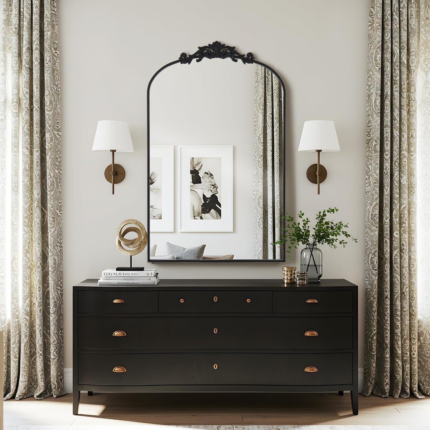 Filigree Arched Wall Mirror 22"x46" Retro Wall-Mounted Mirror with Vintage Ornate Carved Applique Hanging Leaning Antique Home Decor Mirror for Fireplace Living Room Entryway Hallway Bathroom, Black