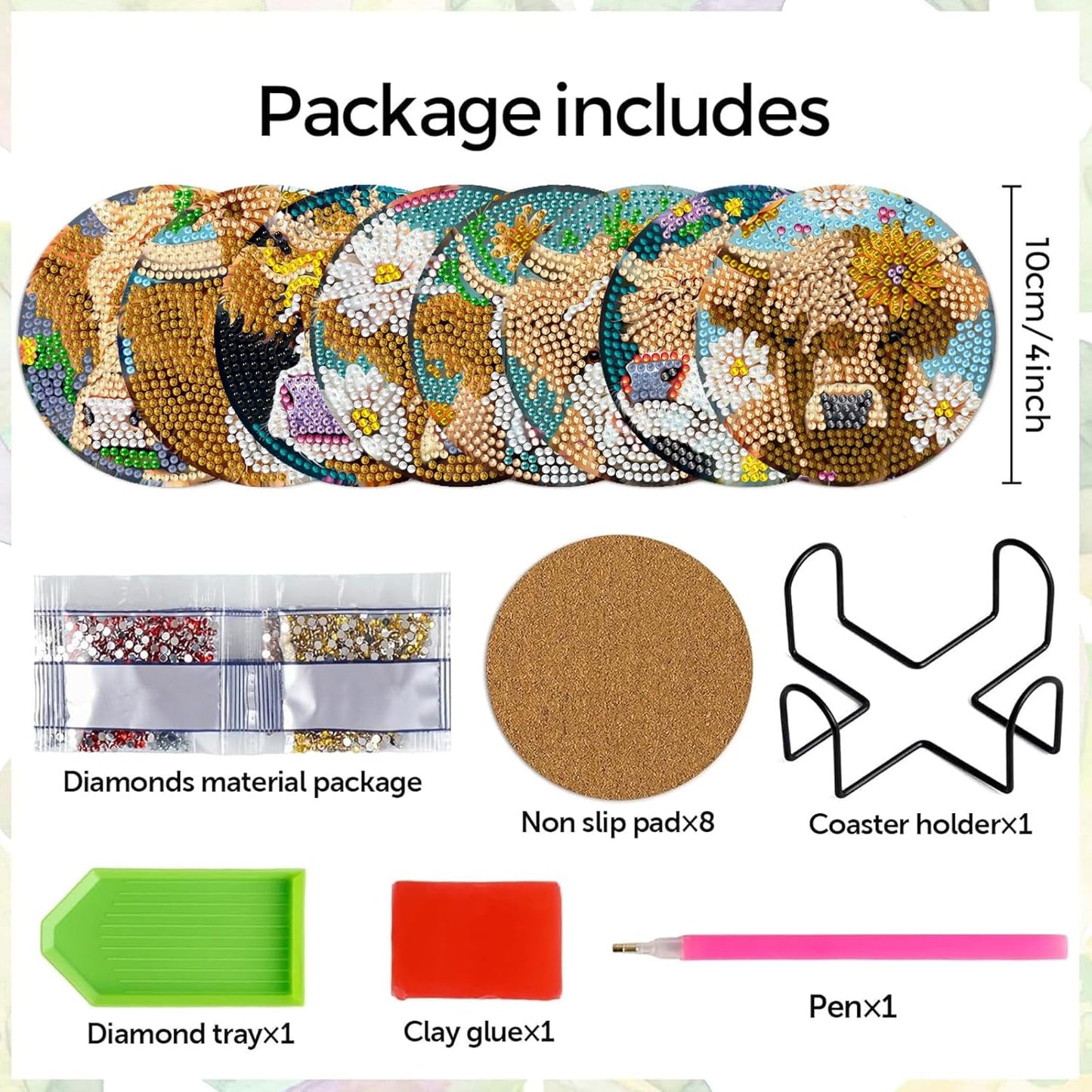 Leatrice 8PCS Highland Cattle Diamond Art Coasters Small Diamond Painting Kits for Adults Beginners Women Gem Art Coasters with Holder Funny DIY Crafts for Home Decor