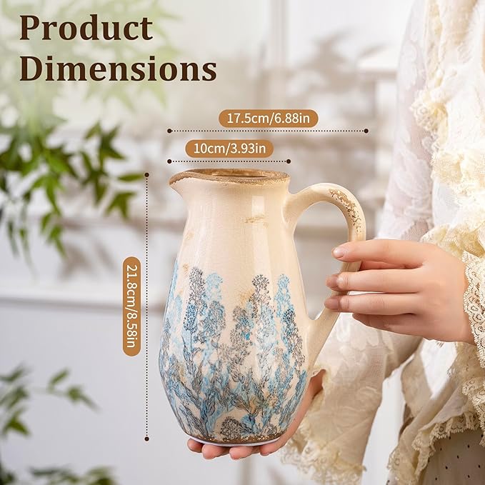 Vintage Blue and Beige Floral Ceramic Vase with Handle, Retro Ice Glazed Crack Farmhouse Pitcher Vase for Home Decor, Living Room, Shelf, Office, French Country Decorative Flower Vase 8.7 Inch