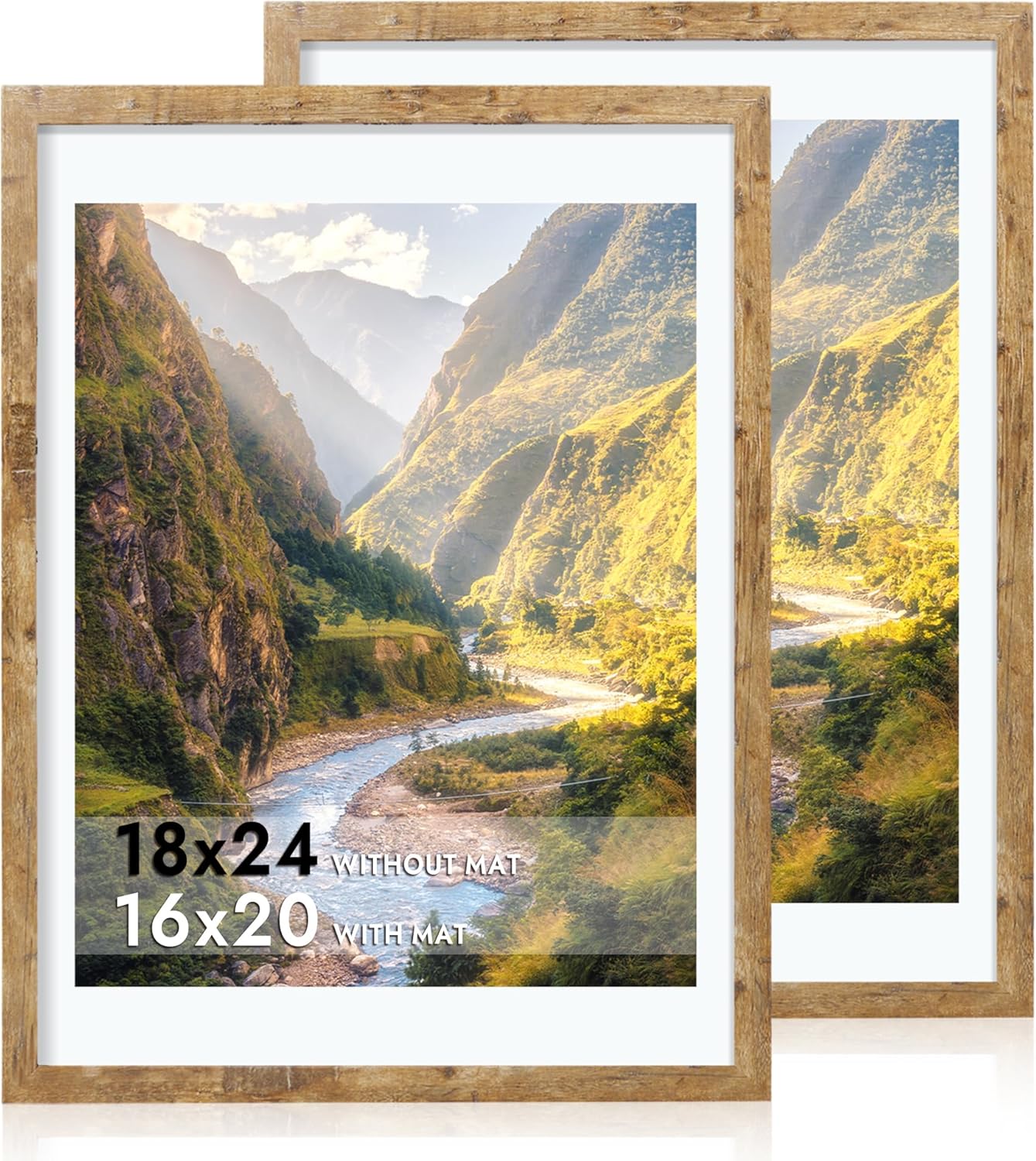 iRahmen 18x24 Picture Frame Set of 2, Rustic Brown Wood Poster Frame with Plexiglass, Display 16x20 Picture with Mat or 18 x 24 Without Mat for Photo Wall Gallery Mounting