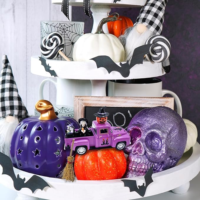 Witch Halloween Decor Indoor Vintage Metal Truck with Mini Witches Pumpkin Cauldron Ghost Figures Purple Hocus Pocus Tiered Tray Decor Halloween Witch Table Decorations for Home Kitchen Mantel Shelf