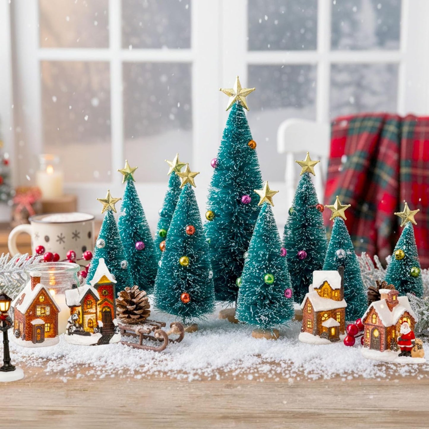 LOVEINUSA Mini Christmas Trees with Ornaments, 9PCS Sisal Snow Frost Trees with Wood Base for Table Top Decoration and DIY Diorama Models