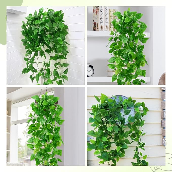BLEUM CADE 2Pcs Fake Hanging Plants, 9 Branch Artificial Hanging Plant, Lush Faux Pothos Vines for Home Room Wall Shelf Porch Outdoor Indoor Decor (No Baskets)