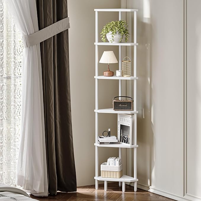 6 Tier Corner Shelf, 66.5'' Tall Standing Shelf, Narrow Display Shelf Stand, Modern Corner Bookshelf, Plant Stand, Corner Bookcase for Living Room, Bedroom, Bathroom, White LCS502W
