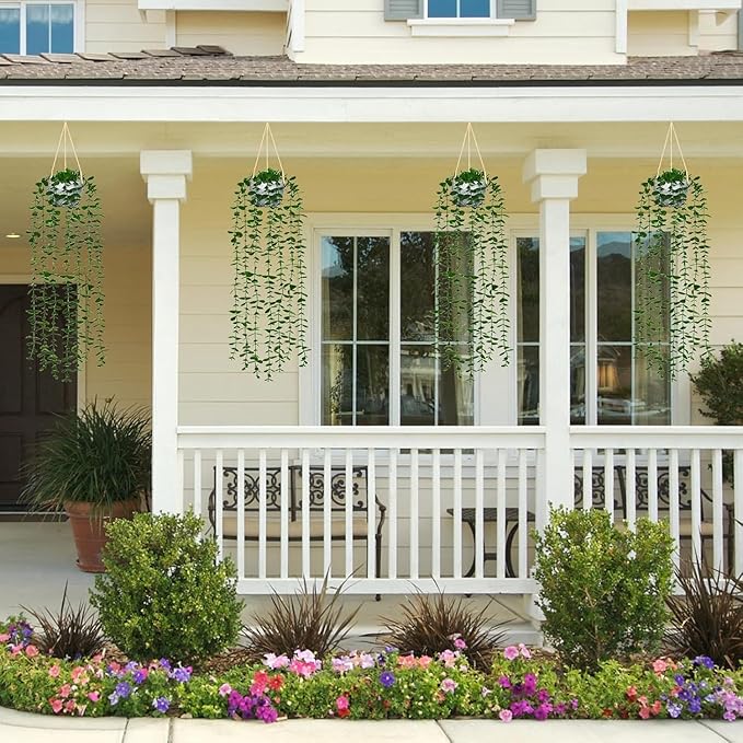 Dremisland Fake Hanging Plants with Pots 2Pack Faux Hanging Basket Plant Macrame Plant Hanger with Fake Vines Faux Hanging Planter for Wall Ceiling Home Bedroom Indoor Decor (Eucalyptus-2PCS)