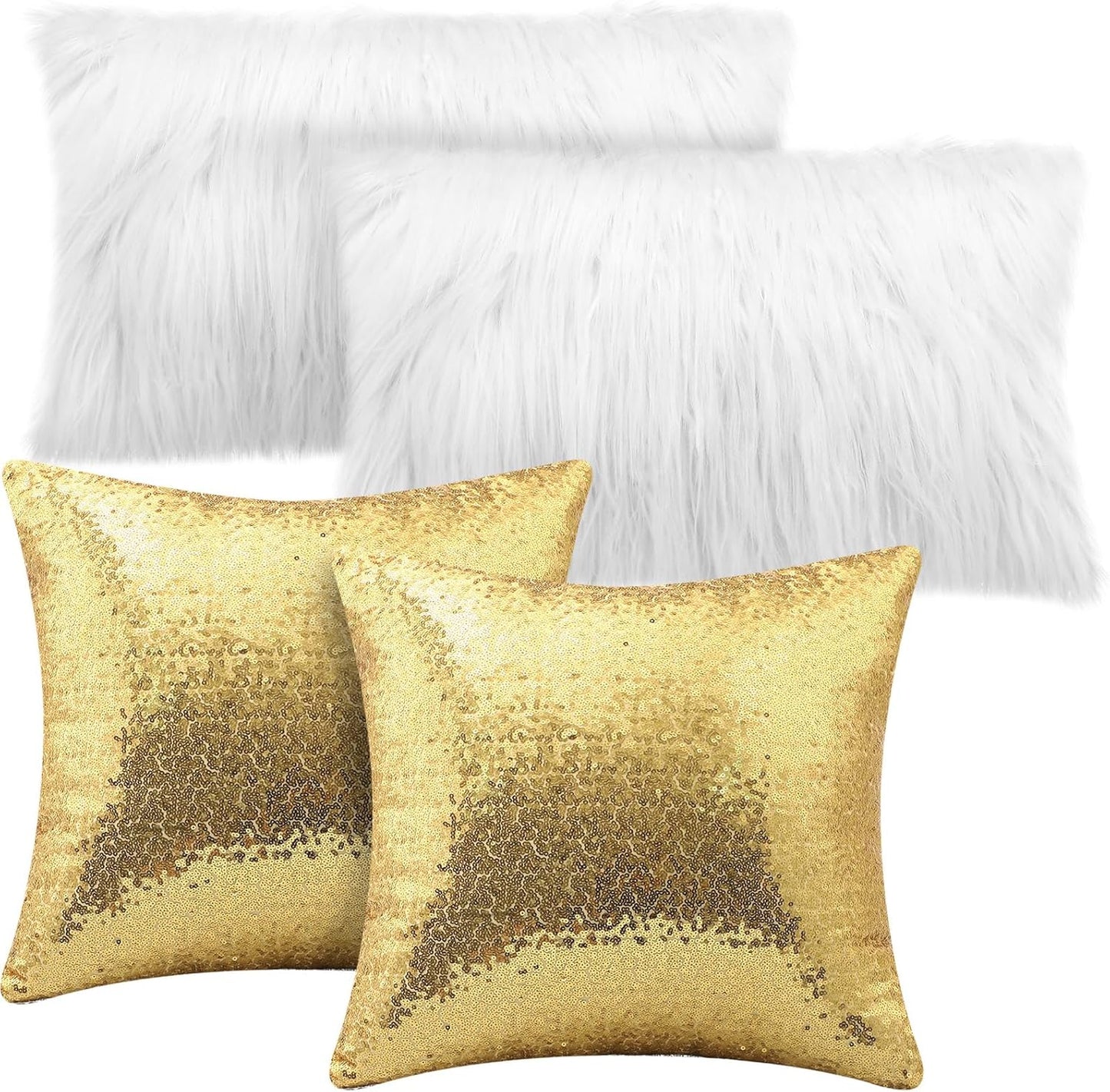 Irenare 4 Pcs Sequin and Fluffy Pillow Covers Winter Throw Pillow Cases Soft Cushion Cover for Couch Bed Sofa Xmas Day(18 x 18 Inch, 12 x 20 Inch,White, Gold)