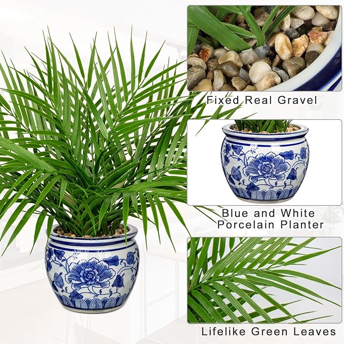 Hollyone Large Artificial Potted Plants Fake Palm Plants 16" Faux Green Plant Plastic Tropical Palm Tree in Blue and White Porcelain Ceramic Pots for Home Room Office House Indoor Decoration
