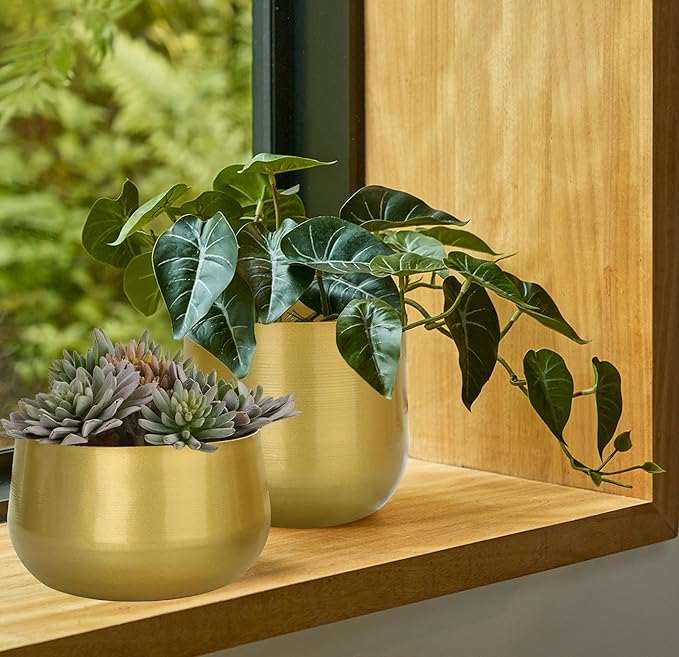 Vixdonos Gold Metal Flower Pots Brass-Toned Garden Planters, 7.1/6.3 Inch Indoor Round Succulent Containers, Pack 2 Cactus Plant Pots with Drainage Hole