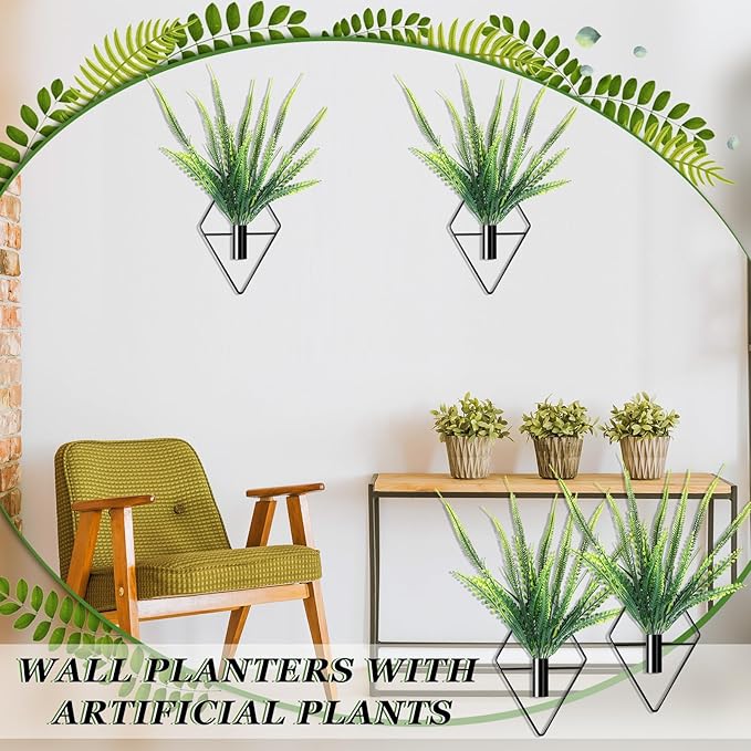 2 Pieces Wall Decor Hanging Planters with Artificial Plants Metal Hanging Vase Indoor Plants Holder Modern Boho Wall Art for Bathroom Bedroom Living Room Decor(Black,Boston Fern)