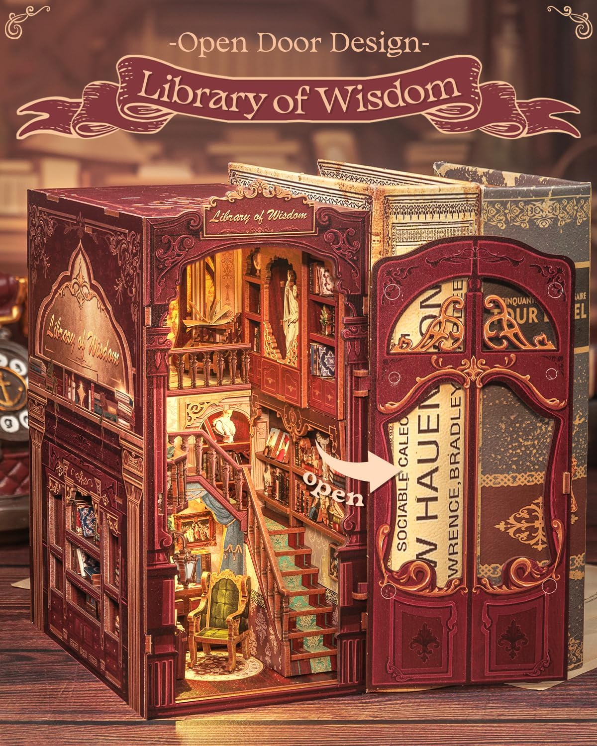 Cutefun Book Nook Kit - DIY Miniature Dollhouse Kit 3D Wooden Puzzle for Adults, Teens, Crafts Gifts for Bookshelf Decor (Library of Wisdom)