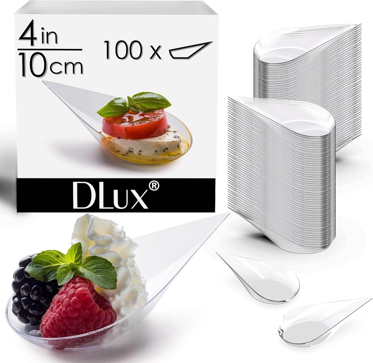 DLux 100 4-in Tear Drop Mini Appetizer Plates, Reusable Clear Plastic Spoons - Desserts and Appetizers Dishes Serving Plate - Asian Spoon Set, Small Catering Dessert Tasting Cups - with Recipe Ebook
