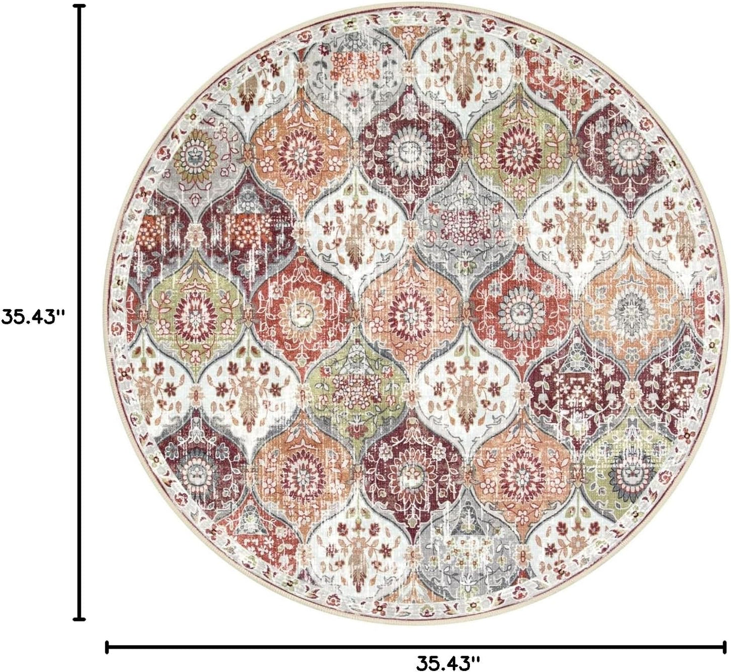 Lahome Moroccan Trellis Round Area Rugs, Washable Small Round Rug 3ft Non-Slip, Soft Vintage Ultra-Thin Circle Carpet for Bedroom Entryway Kitchen Laundry Bathroom, Orange/Terracotta