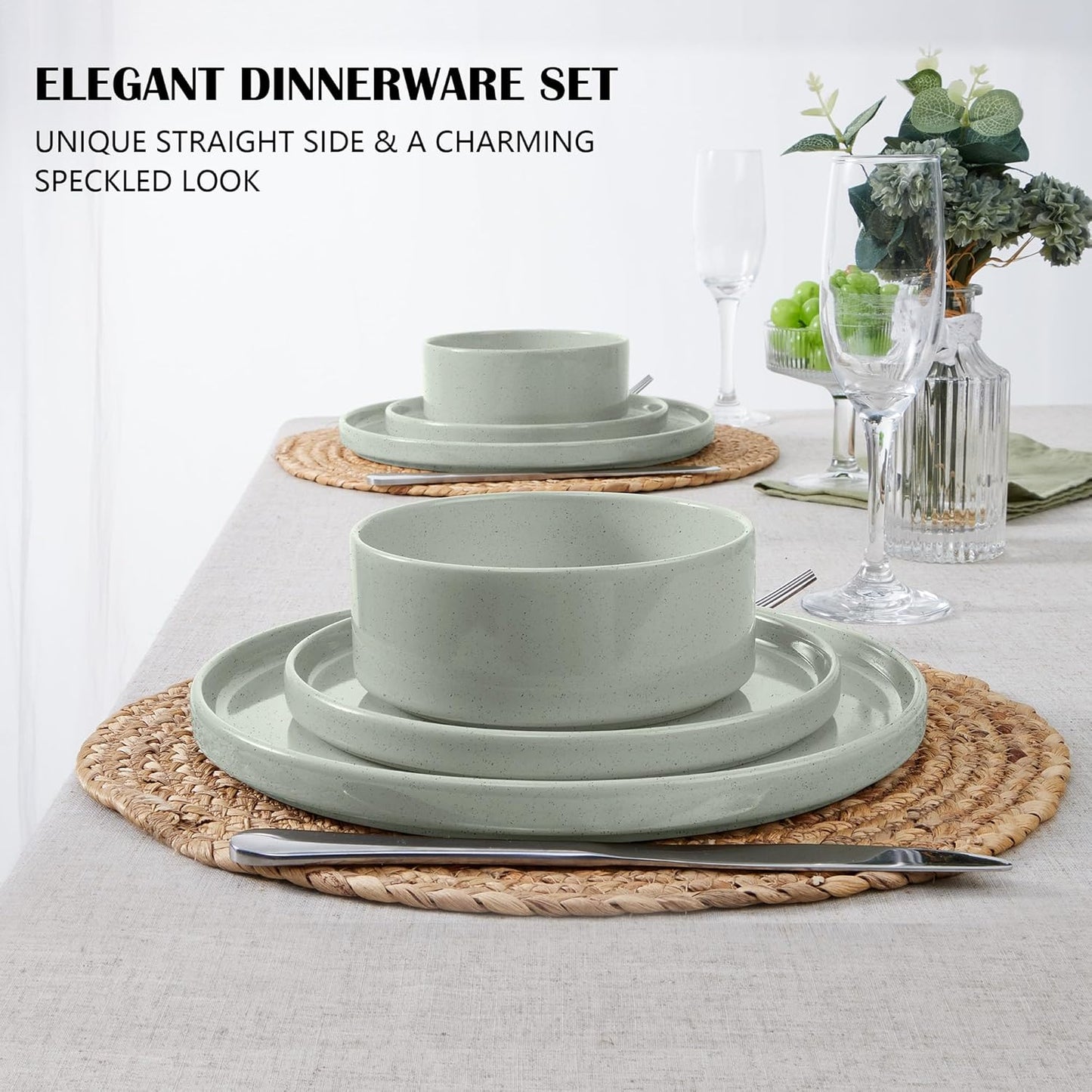E-far Dinnerware Sets for 6, 18-Piece Stoneware Plates and Bowls Dish Set, Modern Kitchen Dinning Dishware, Chip and Scratch Resistant, Microwave & Dishwasher Safe, Speckled Green