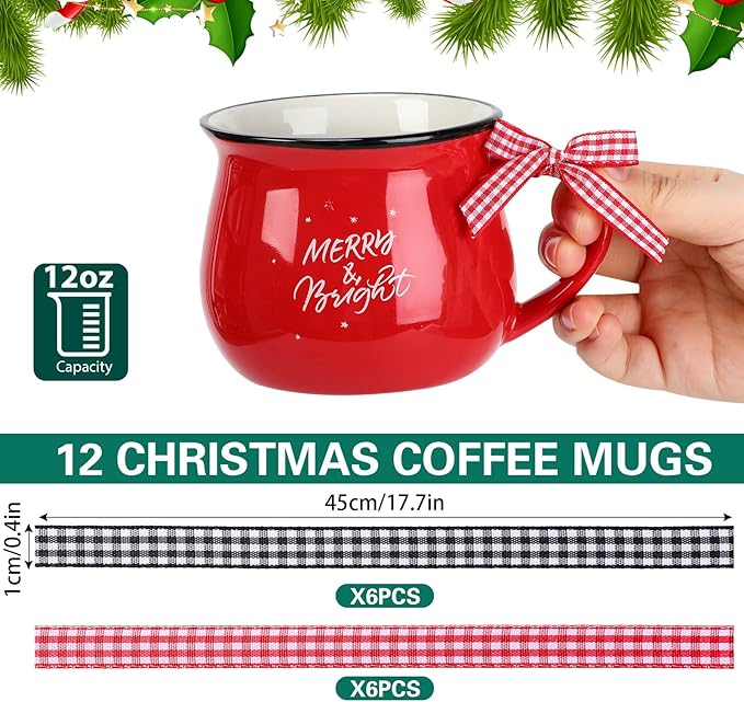 Zubebe Christmas Coffee Mugs Set of 12, 12 oz Hot Cocoa Ceramic Holiday Mugs Set for Mom, Woman, Family, Friend - Farmhouse Tiered Tray Decor, Coffee Bar Decor(Red, White)