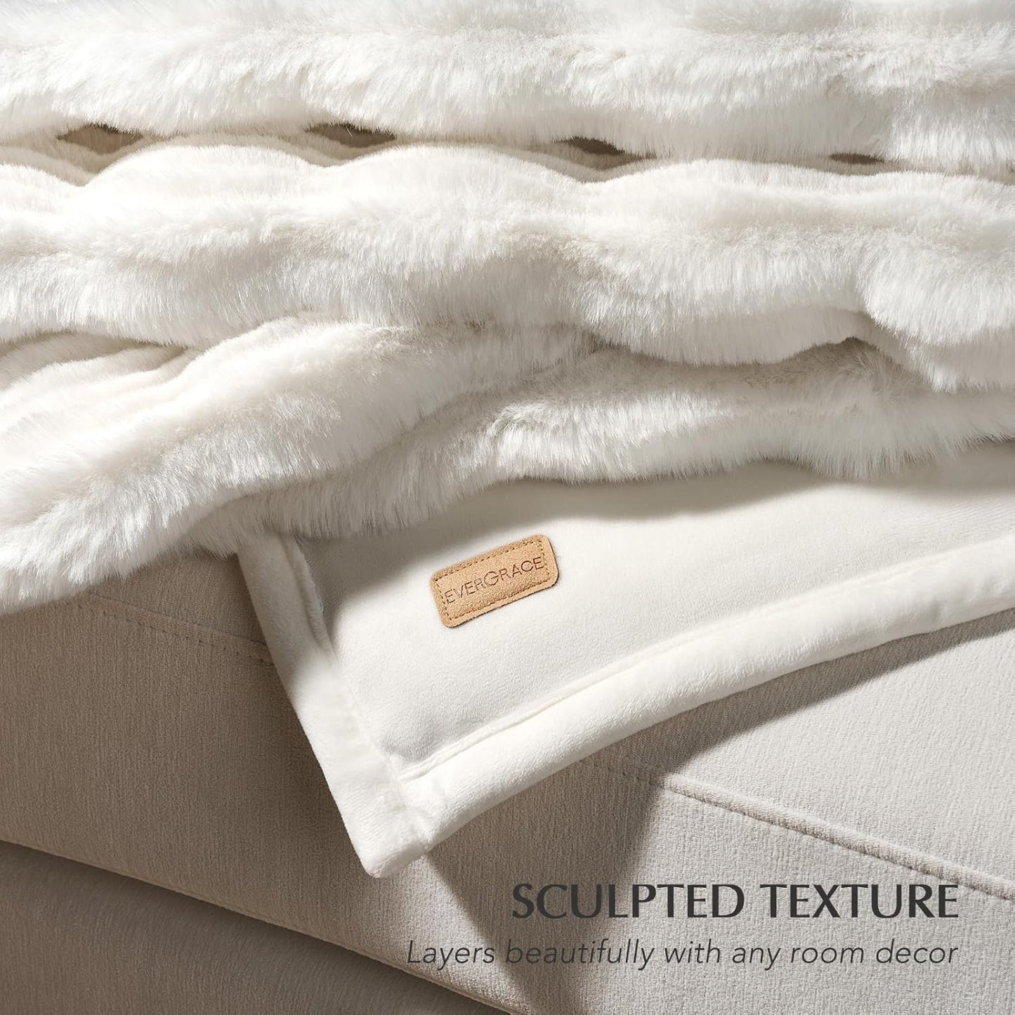 EVERGRACEHOME Ultra Soft Faux Fur Throw Blanket for Couch, Luxury Sculpted Texture Faux Rabbit Fur Blanket for Bed, Fluffy Thick Plush Warm Fuzzy Throw, 920GSM (Bright White, 60''x80'')