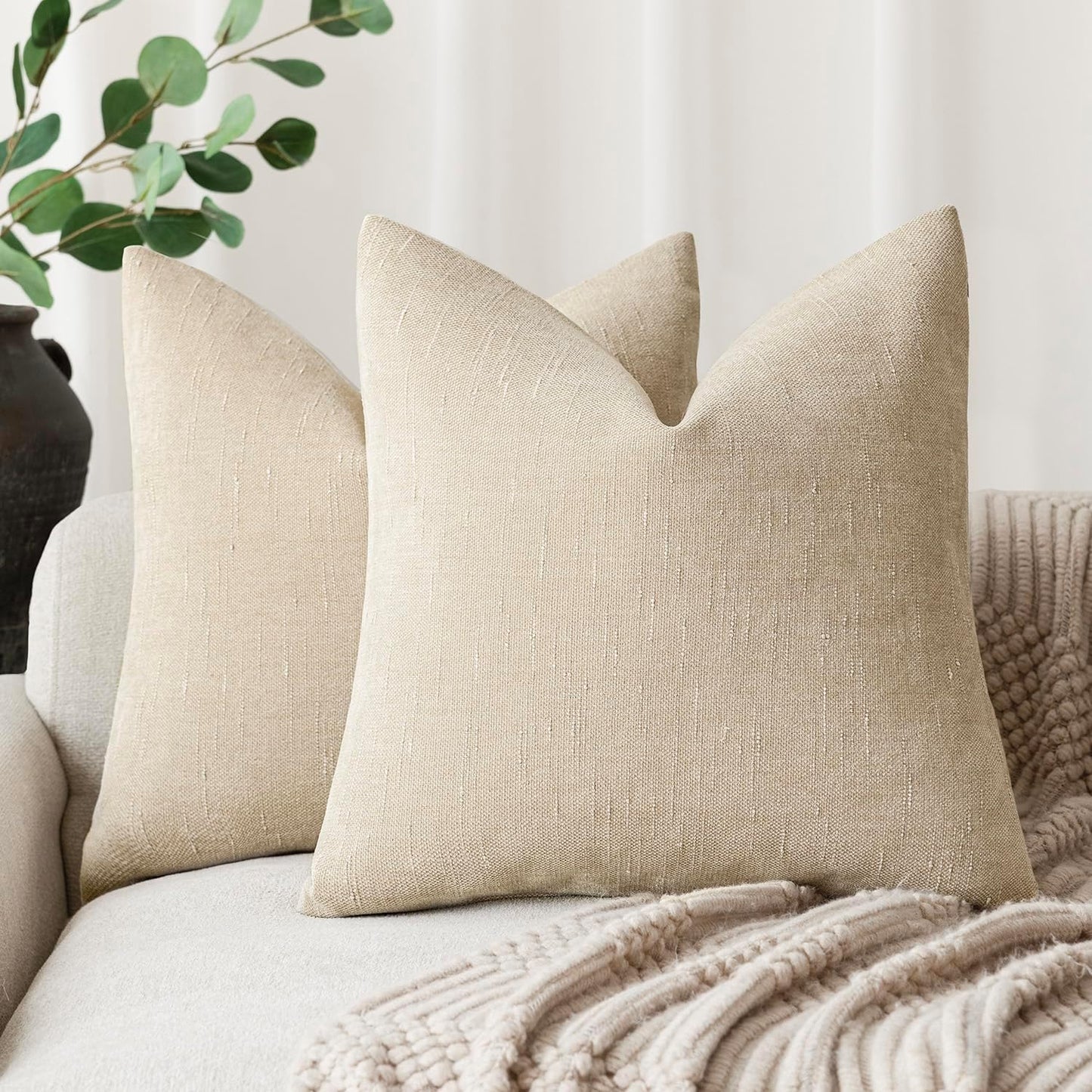 Foindtower Pack of 2 Soft Textured Chenille Throw Decorative Pillow Covers Square Accent Solid Cushion Cover Cozy Neutral Farmhouse Pillow Case for Couch Sofa Bedroom Living Room 16x16 Inch, Beige