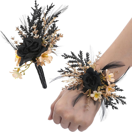 Corsage and Boutonniere Set - Black Wristlet for Men Prom Dark Wrist Corsage for Goth Wedding Ceremony