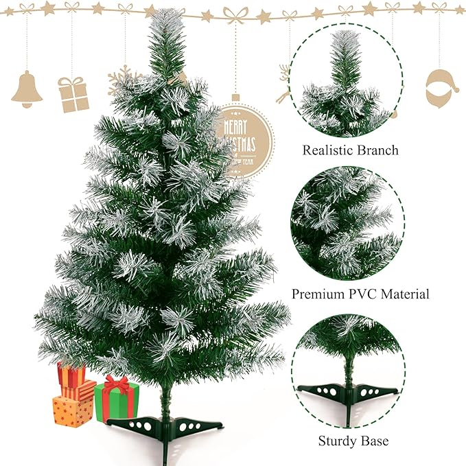 2Ft Artificial Christmas Tree Green Tabletop Christmas Tree with Flocking Snow Frost Tips Plastic Stand Mini Xmas Pine Tree for Party Supplies Indoor Outdoor Holiday Home Decoration