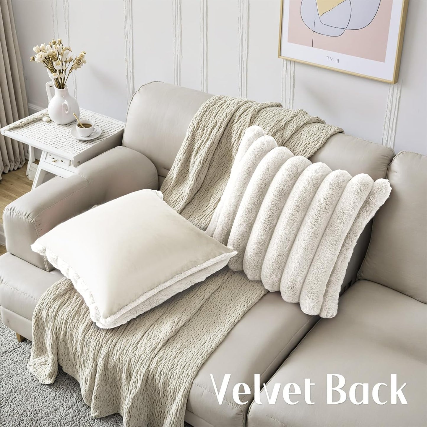 HAUSSY Faux Fur Throw Pillow Covers 22x22 Inch Set of 2,Decorative Striped Neutral Pillow Cases Soft Plush Couch Pillow Covers,Home Decor for Sofa,Bed, Living Room,Beige