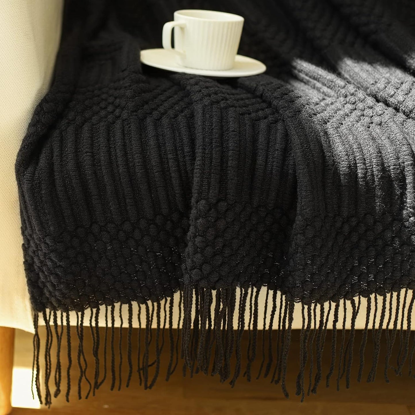Blagic Knitted Throw Blanket for Couch, Bed and Sofa. Super Soft Blanket with Tassels, Black Throw Blanket, 60 x 80 Inches Lightweight & Cosy Home Decor