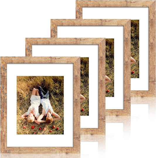 iRahmen 11x14 Picture Frame Set of 4 with Tempered Glass, Rustic Brown Frame Display 8x10 Pictures with Mat or 11 x 14 Without Mat, Wooden Photo Frames for Wall Mounting