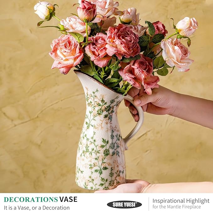 Vintage Ceramic Pitcher Vase with Handle, Farmhouse Green and Beige Large Floral Vases, Chinoiserie Decorative Vase, Rustic Table Centerpiece for Home Decor Living Room, Bookshelf, Office 10.5 Inch