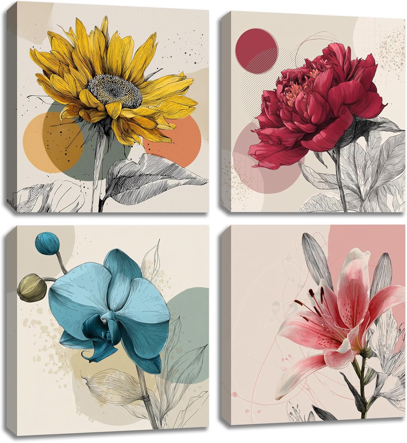 Framed Botanical Wall Art for Living Room Rustic Boho Floral Canvas Paintings Prints Flower Pictures for Farmhouse Hallway Bedroom Dining Room Bathroom Office Wall Decor ArtWork for Wall