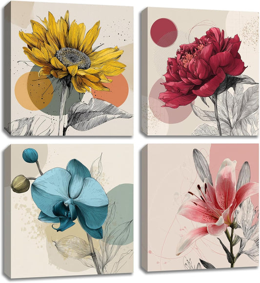 Framed Botanical Wall Art for Living Room Rustic Boho Floral Canvas Paintings Prints Flower Pictures for Farmhouse Hallway Bedroom Dining Room Bathroom Office Wall Decor ArtWork for Wall