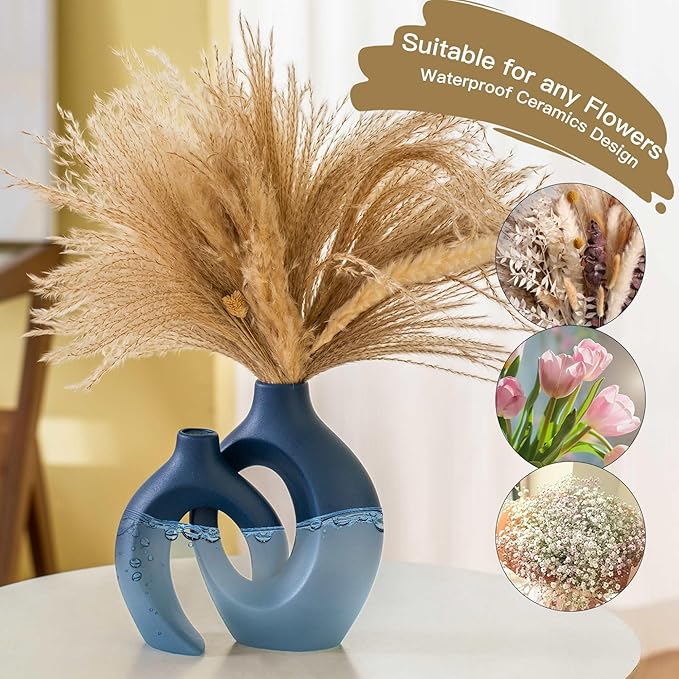 Snuggle Hollow Ceramic Vase Set of 2, Nordic Modern Boho ins Style Ceramic Aesthetic Flower Vases for Home Decor Living Room Coffee Table Decorative (Matte Navy Blue W 6.3" X H 8.4")