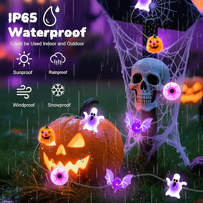 ZGWJ Halloween String Lights Battery Powered with Timer, 1 Pack Bat-Eyeball-Ghost-Pumpkin 50LED 16FT Twinkle String Lights 8 Modes for Bedroom,Halloween Parties Decoration Indoor and Outdoor