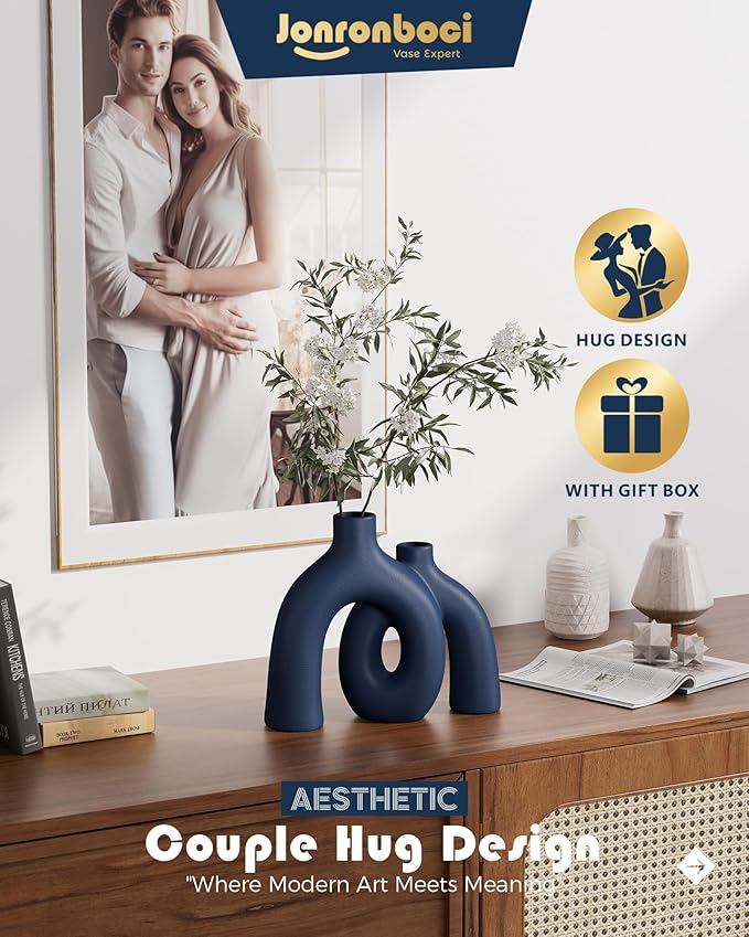 Hug Donut Decorative Vase Set - Navy Blue Vase, Modern Coastal Style Vases Home Decor, Matte Ceramic Decorations for Living Room Shelf, Bookshelf Mantle Entryway Table or Console Décor (Navy Blue)