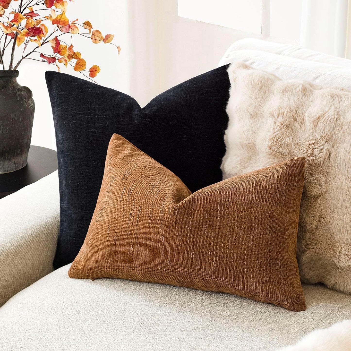 Foindtower Pack of 2 Soft Textured Throw Decorative Pillow Covers Lumbar Accent Solid Cushion Cover Cozy Farmhouse Pillow Case with Zippe for Couch Sofa Bed Living Room 12x20 Inch, Bronze