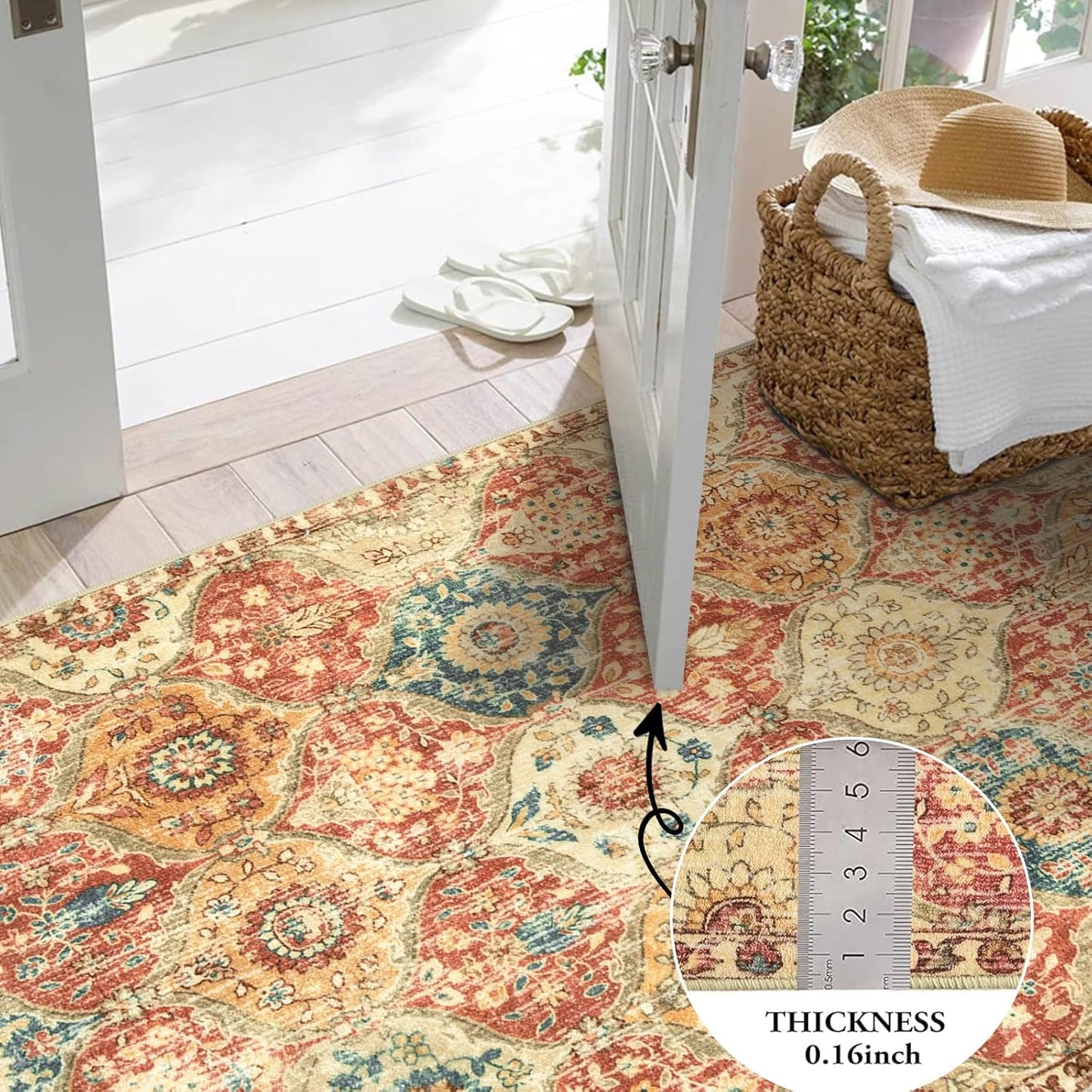 Lahome Moroccan Trellis Washable Round Area Rug, Soft Round Rugs 6ft Ultra-Thin Non-Slip, Vintage Large Circle Carpet for Bedroom Living Room Kitchen Nursery, Red/Orange