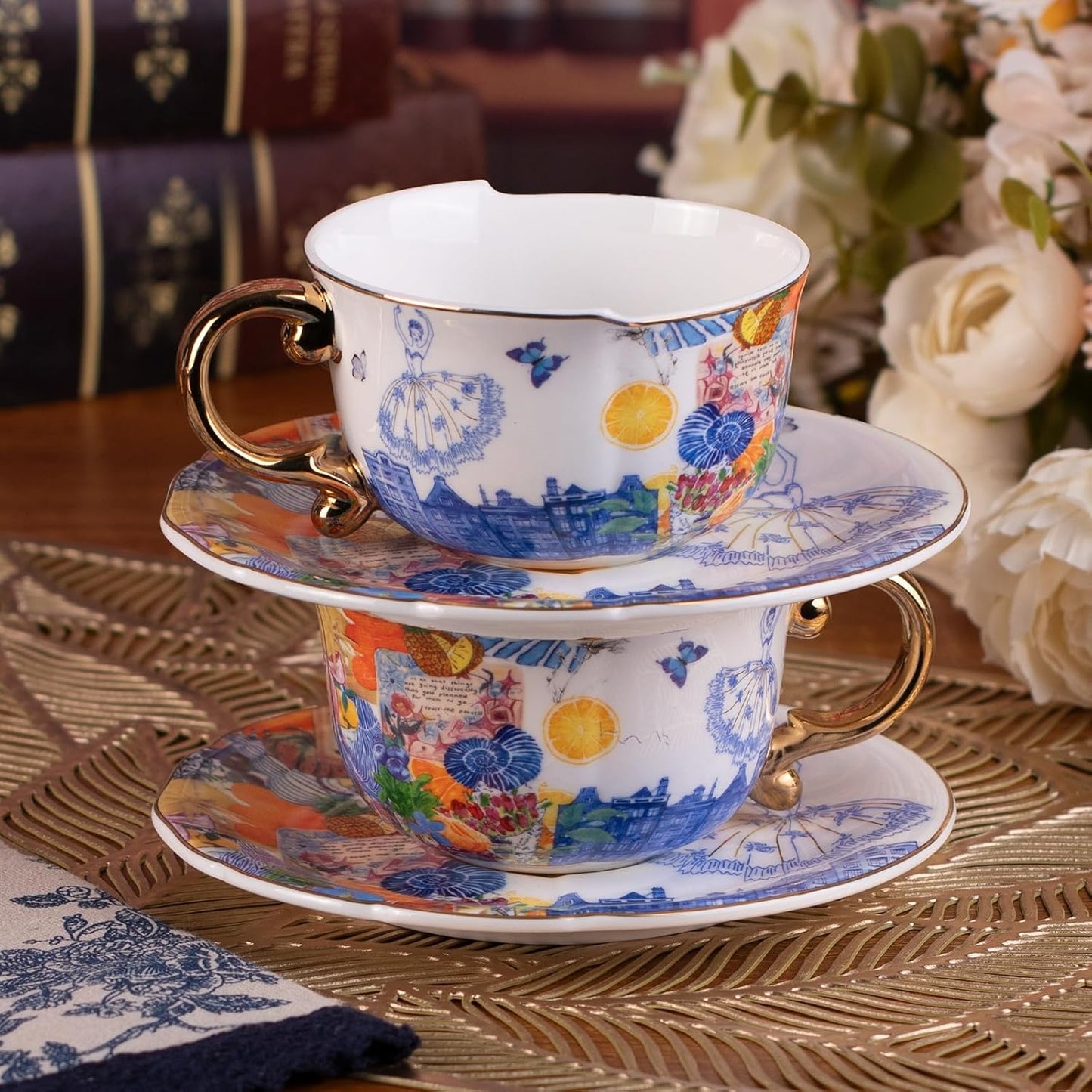 KAMMAK Tea Cups and Saucers Set of 2, Fine Bone China Coffee Cups, 8.5-Ounce Stackable Espresso Mugs, Ceramic Demitasse for Coffee, Cappuccino, Latte, Americano, Tea, Dream Ballet
