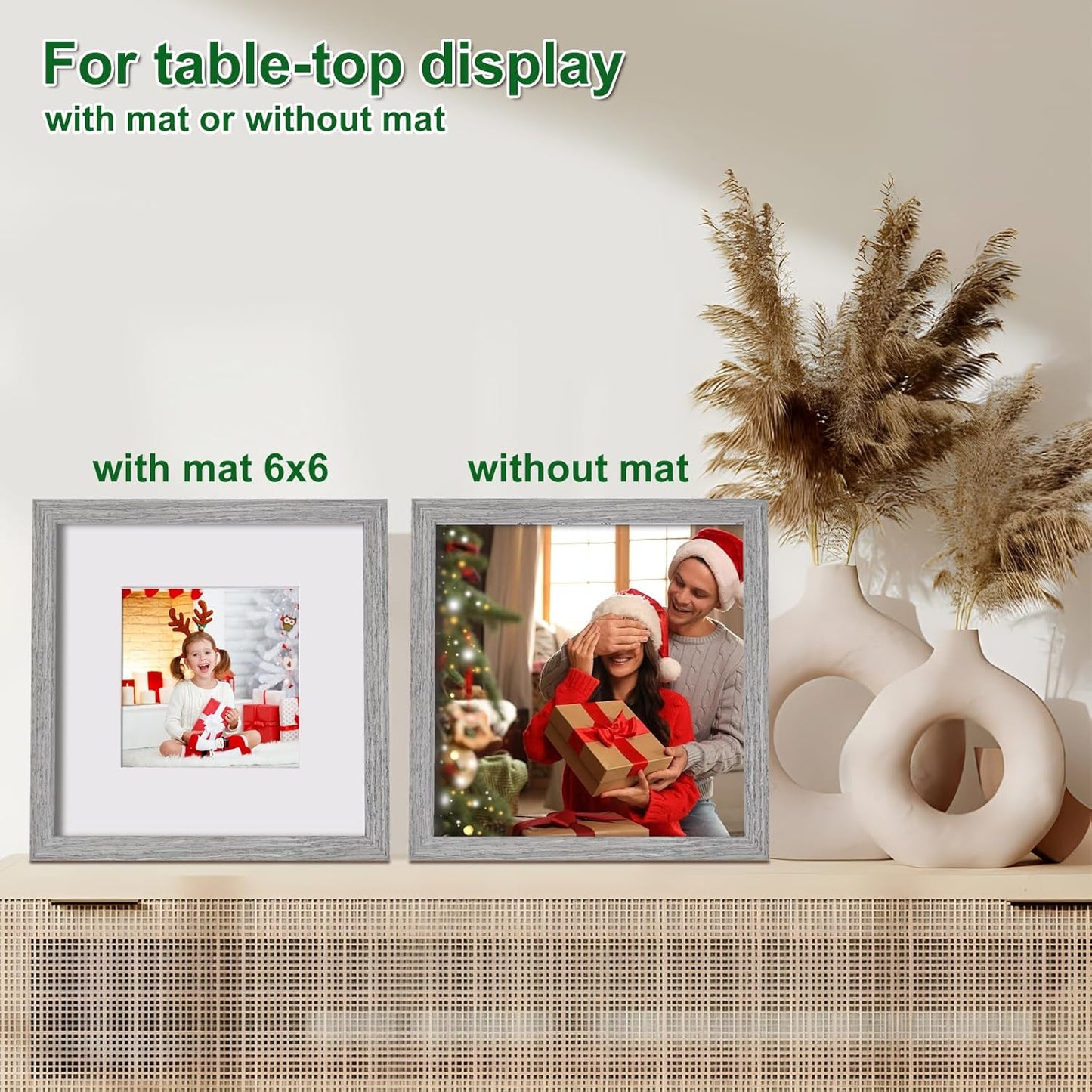 KINLINK 10x10 Picture Frame, Grey Square Solid Wood Frames for Pictures 6x6 with Mat or 10x10 without Mat, Wall and Tabletop Display Photo Frames Grey Wood 4 Pack