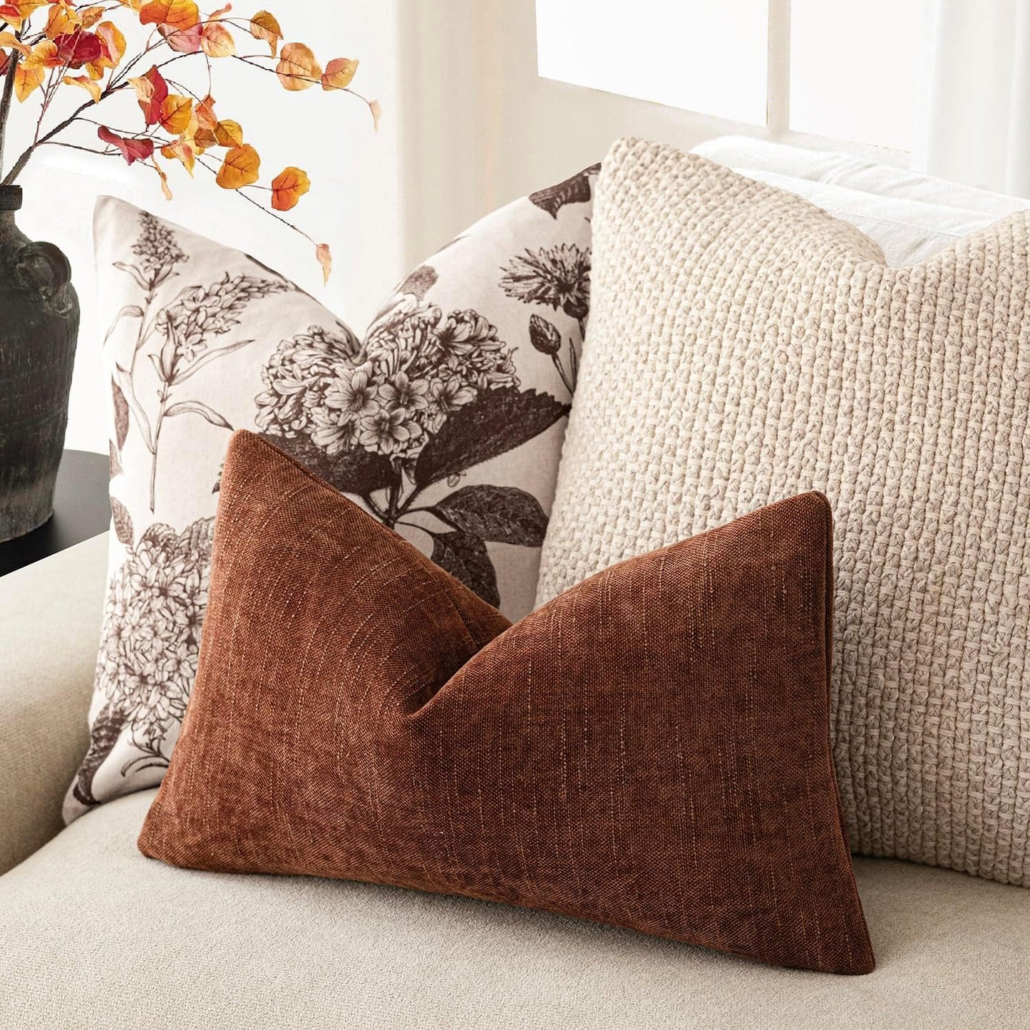 Foindtower Pack of 2 Textured Chenille Throw Decorative Pillow Covers Square Accent Solid Cushion Cover Neutral Farmhouse Lumbar Pillow Case for Couch Sofa Bedroom Living Room 12x20 Inch,Red Taupe