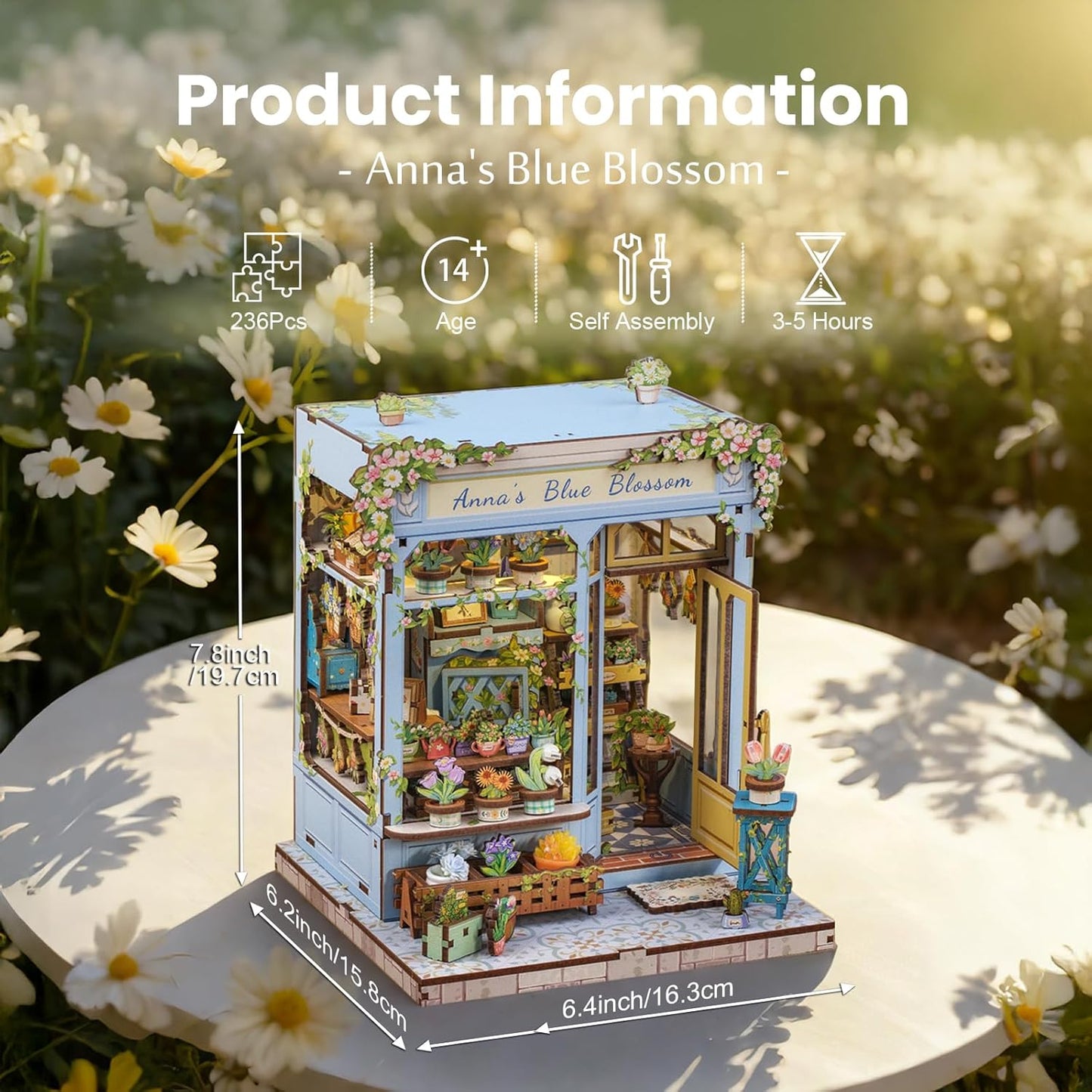 Fsolis Book Nook Kit - DIY Scene Miniature Dollhouse Kit for Adults, Bookshelf 3D Puzzles 255PCS, Tiny House Mini Flower Shop Model Booknook Craft, Gifts for Women Puzzle Lovers (Anna's Blue Blossom)