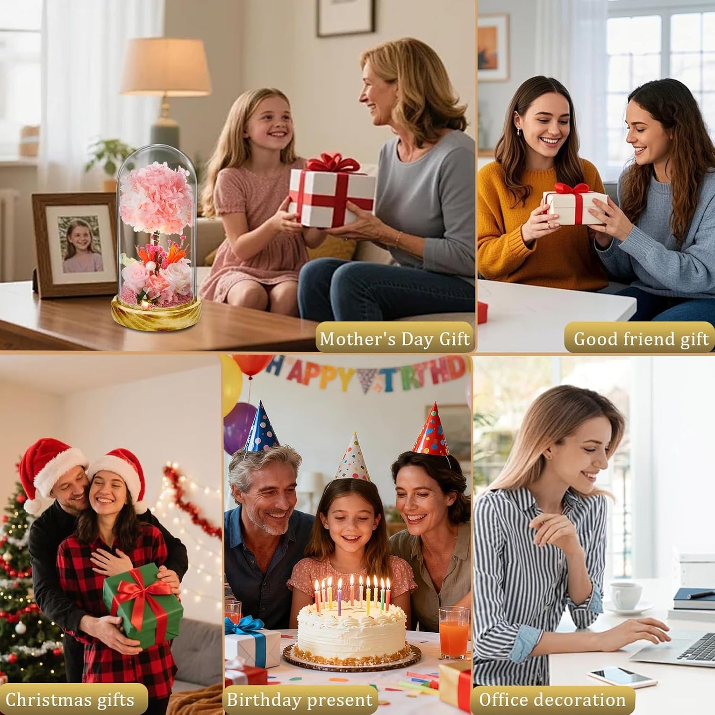 LED Illuminated Glass Dome Floral Arrangement, Decorative Light with White Hydrangea and Rose, Battery Operated