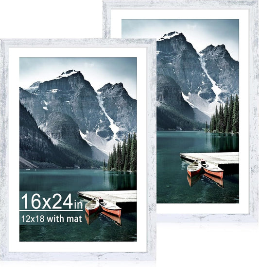 iRahmen 16x24 Picture Frame Set of 2 with Plexiglass, Distressed White Poster Frame Display Picture 12x18 with Mat or 16 x 24 Without Mat, Wood Photo Frame for Wall Mounting