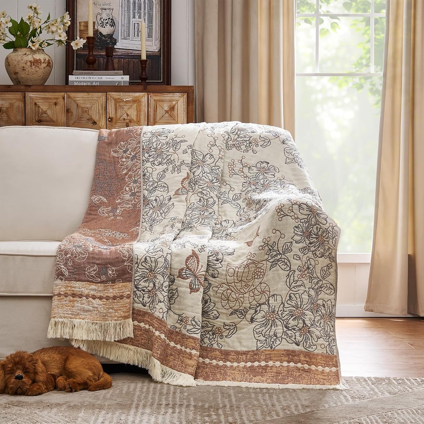 JINCHAN Boho Floral 100% Cotton Blanket 4-Layer Throw Blanket with Tassel Taupe and White Flower Butterfly Soft Luxury Rustic Farmhouse Decor Blanket for Couch Bed 60x80 inch All Season gift for women