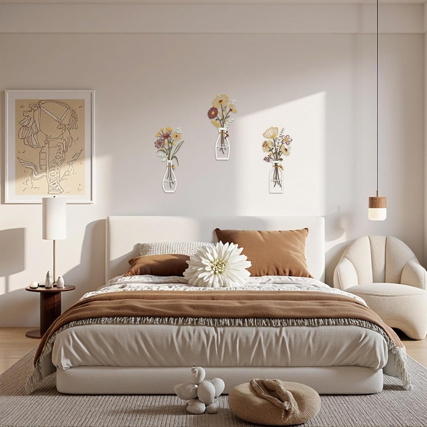 Iron Metal Vase Flower Wall Art Set of 3 - Minimalist Black Floral Decor for Living Room Bedroom Kitchen, Office Garden - Modern Farmhouse Home Decor & Housewarming Gifts (Yellow-Brown)