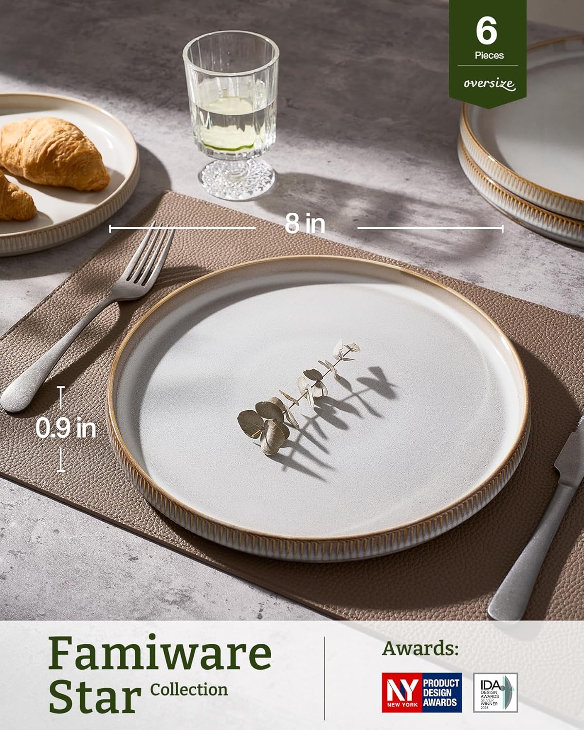 famiware Star Salad Plates for 6, 8 inches Plate Set, Stoneware Dinnerware, Small Dinner Plates for Dessert, Salad, Appetizer, Cappuccino White