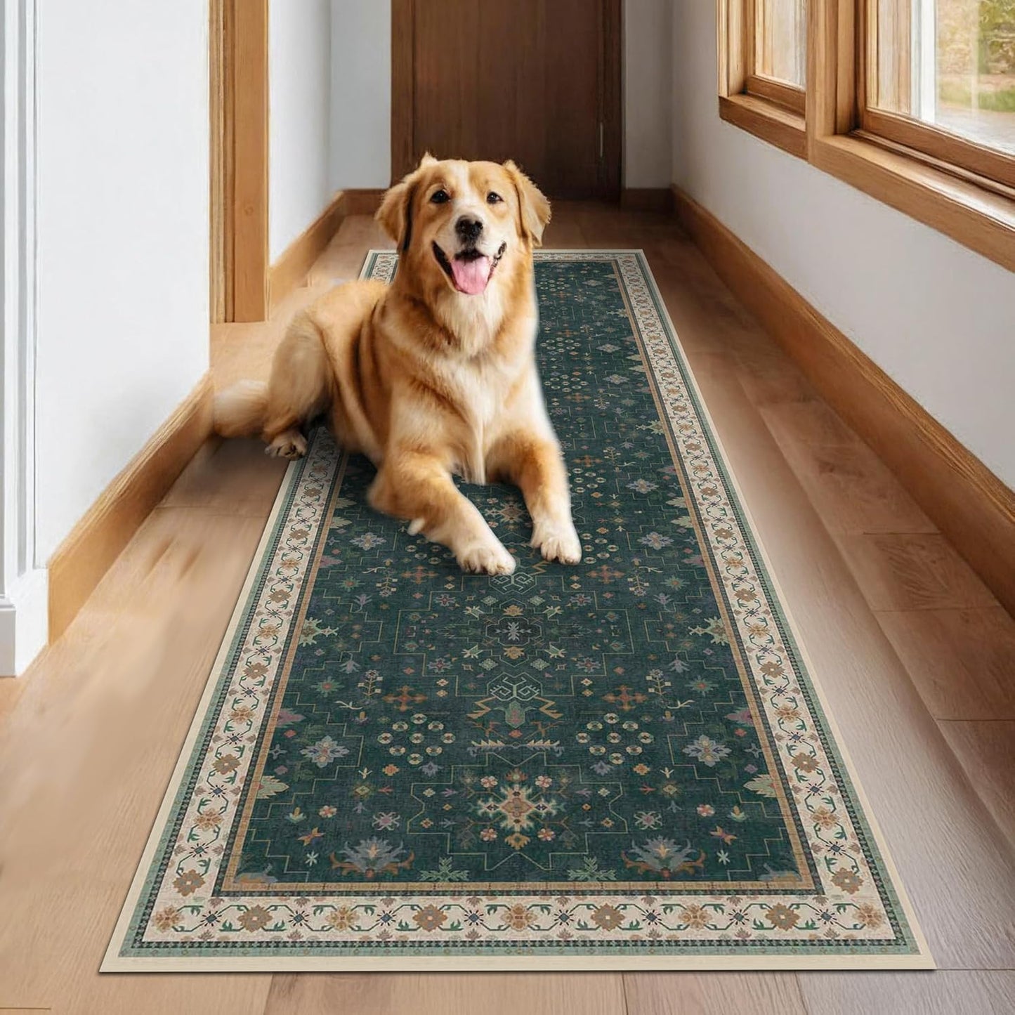 Dark Green 2x8 Non Slip Kitchen Runner Rugs - Modern Vintage Boho Eclectic Floral Pattern, Washable Low Pile Non-Slip 8ft Long Runner Rugs for Hallway, Entrance