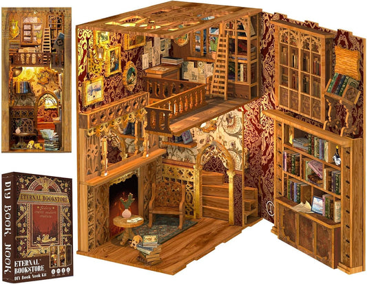 Cutefun Book Nook Library Kit, DIY Miniature Dollhouse Booknook Kits for Adults Teens, 3D Wooden Puzzle Bookend Bookshelf with LED Light & Dust Cover (Eternal Bookstore)