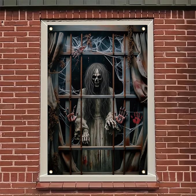 Window Cover Halloween 47x31 Inch Scary Skeleton Ghost Bloody Handprint Banner Creepy Window Decoration for Haunted House Indoor Outdoor Poster Porch Decor