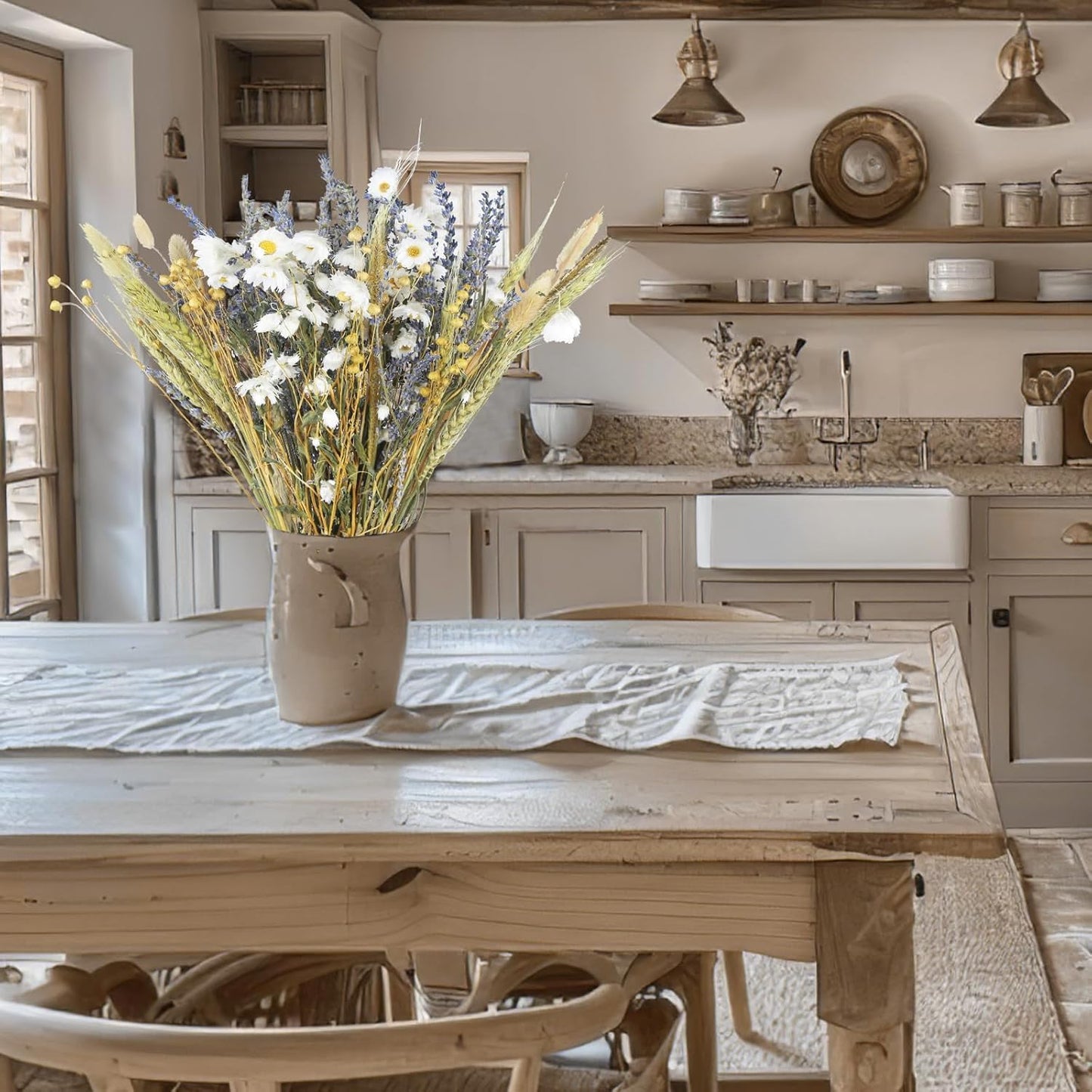 CISDUEO Dried Flowers Bouquet Dried Daisy Flowers Natural Lavender Bundles Dried Gerber Daisies Flowers Bunny Tails Wheat Stalks Floral Arrangements for Wedding Table Centerpiece Decor Farmhouse DIY